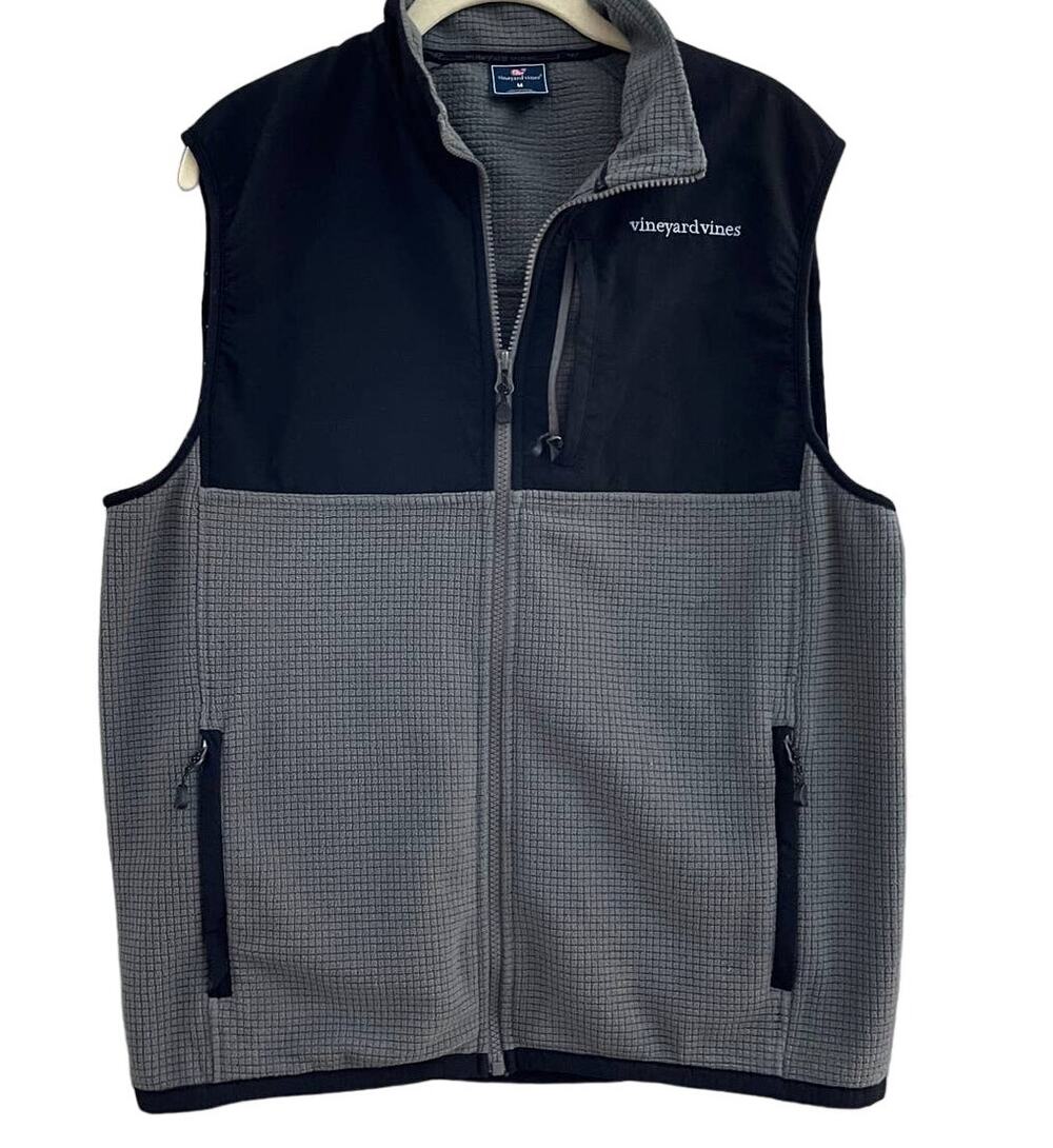 Vineyard Vines Size Zip Front Vest Black Gray Waffle Knit Pockets-Medium
